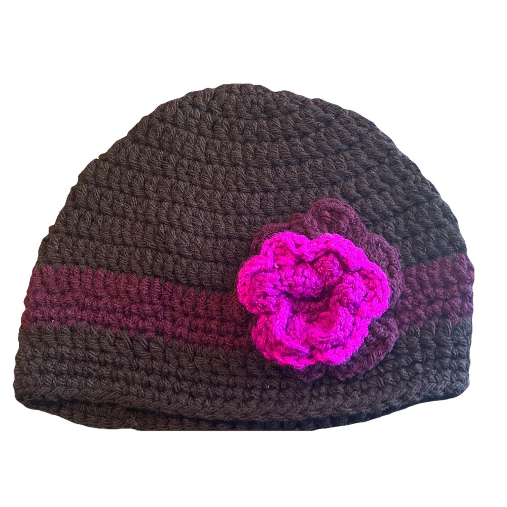 Beanie Hat Crochet Flower Women's‎ One Size Brown Purple Handmade Knit NEW